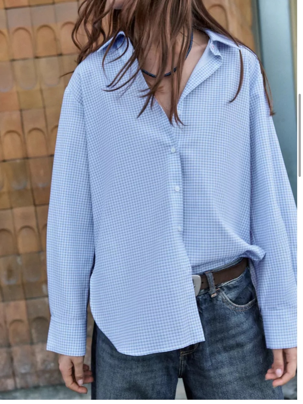 NWT Zara Blue White Check Oxford Shirt Hem Long Sleeve Blouse Womens  Large